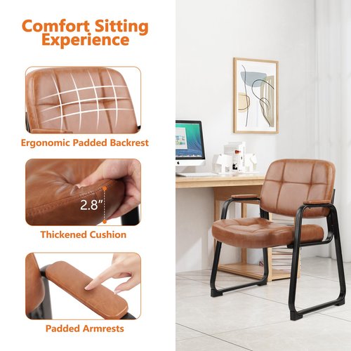 CLATINA Big and Tall 400 lbs Office Guest Chair with Sled Base, Leather Waiting Room Reception Chair No Wheels with Padded Arms for Elderly Home Meeting Conference Room Lobby Side Salon, Brown 2 PK