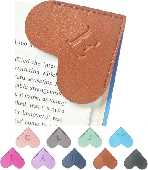 MOTEERLLU Personalized Leather Heart Bookmark - Custom Initials, Handmade Gift for Book Lovers (Brown E)