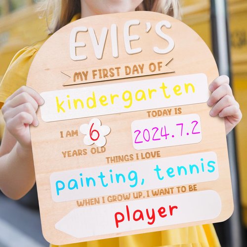 First Day of School Board - Personalized Name Back to School Sign Reusable - for 1st Day of Kindergarten, Preschool Gifts Wooden Chalkboard Photo Prop