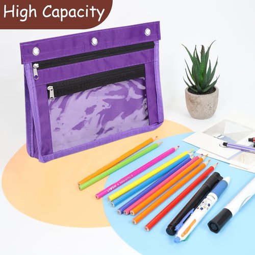 YoeeJob 24 Pack Pencil Pouch for 3 Ring Binder, Expandable Binder Pouches with Zipper, Large Capacity Pen Holder Case with Clear Window School Class Office Organizers, Purple