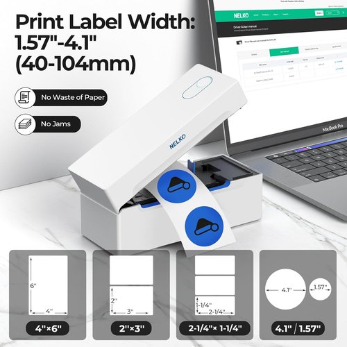 Nelko Bluetooth Thermal Shipping Label Printer - Wireless 4x6 for Small Business | Compatible with Android, iPhone & Windows (White)