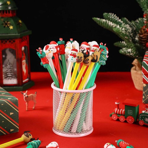 Zonon 100 Pieces Christmas Pens Holiday Novelty Fun Cartoon Characters Stick Black Gel Ink Rollerball Pens for Christmas Xmas Party Favors Goodie Bags Stuffer Gifts Office Supplies, 7 Styles