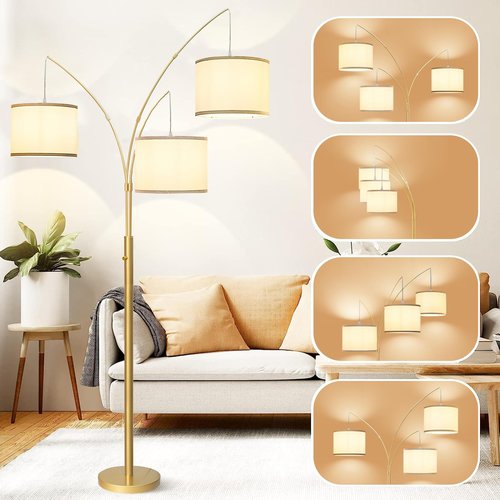 3 Lights Arc Floor Lamps for Living Room,Gold Modern Tall Standing Lamp Hanging Over The Couch with Shades & Heavy Base,Mid Century Black Tree Floor Lamp for Bedroom Office