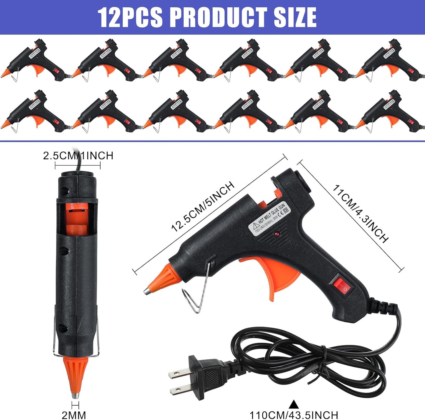 Zhengmy Mini Glue Gun Set - 12 Pcs Low Temp Hot Melt Guns with Burn Protection | Fast Preheating, Easy Squeeze Trigger, 20W (Black)