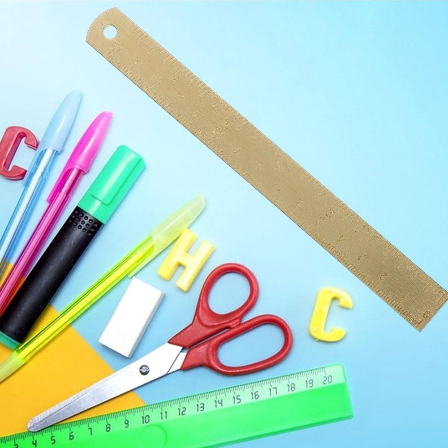 Skiennix Brass Ruler - Gold Metal Drawing Tool for School & Office | Perfect for Geometry & Drafting