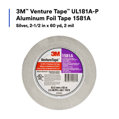 3M Venture Tape UL181A-P Aluminum Foil Tape 1581A, Rigid and Flexible Duct Seaming, Durable, Cold Weather Adhesion, 2.5 in x 60 yd, 2 mil (Pack of 1)