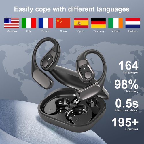 AI Translation Earbuds Real Time, 3-in-1 Translator Earbuds 164 Languages & Accents, Audifonos Traductores Inglés Español,Open Ear Wireless Headphones with Charging Case fit iOS & Android Black