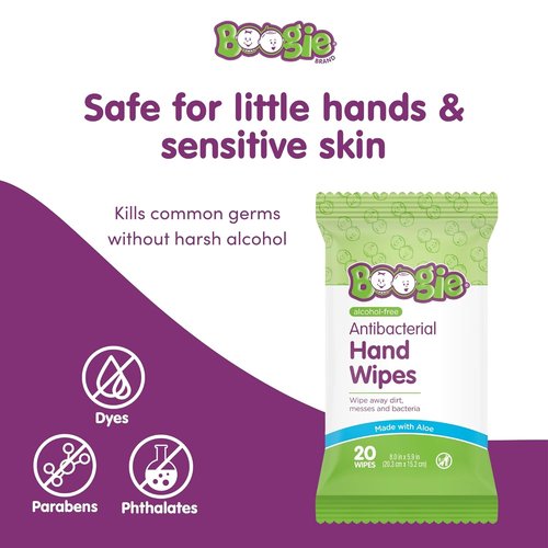 Boogie Antibacterial Hand Wipes - Alcohol-Free & Hypoallergenic Aloe, 100 Total Wipes (5 Packs of 20)