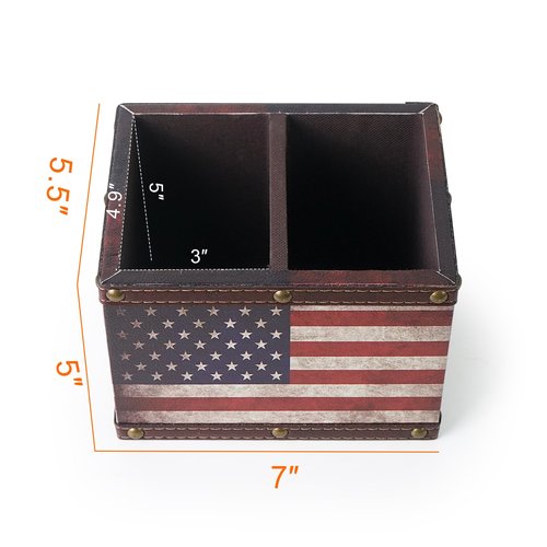 DreamsEden Wooden Remote Control Holder, Leather TV Caddy for Table, Decorative American Flag Organizer Storage Box for Home Office
