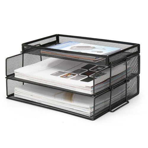 Paper Organizer for Desk, 2 Tiers Stackable Paper Tray Organizer for Desk, Standing Papers File, Black Mesh/Office File Collation