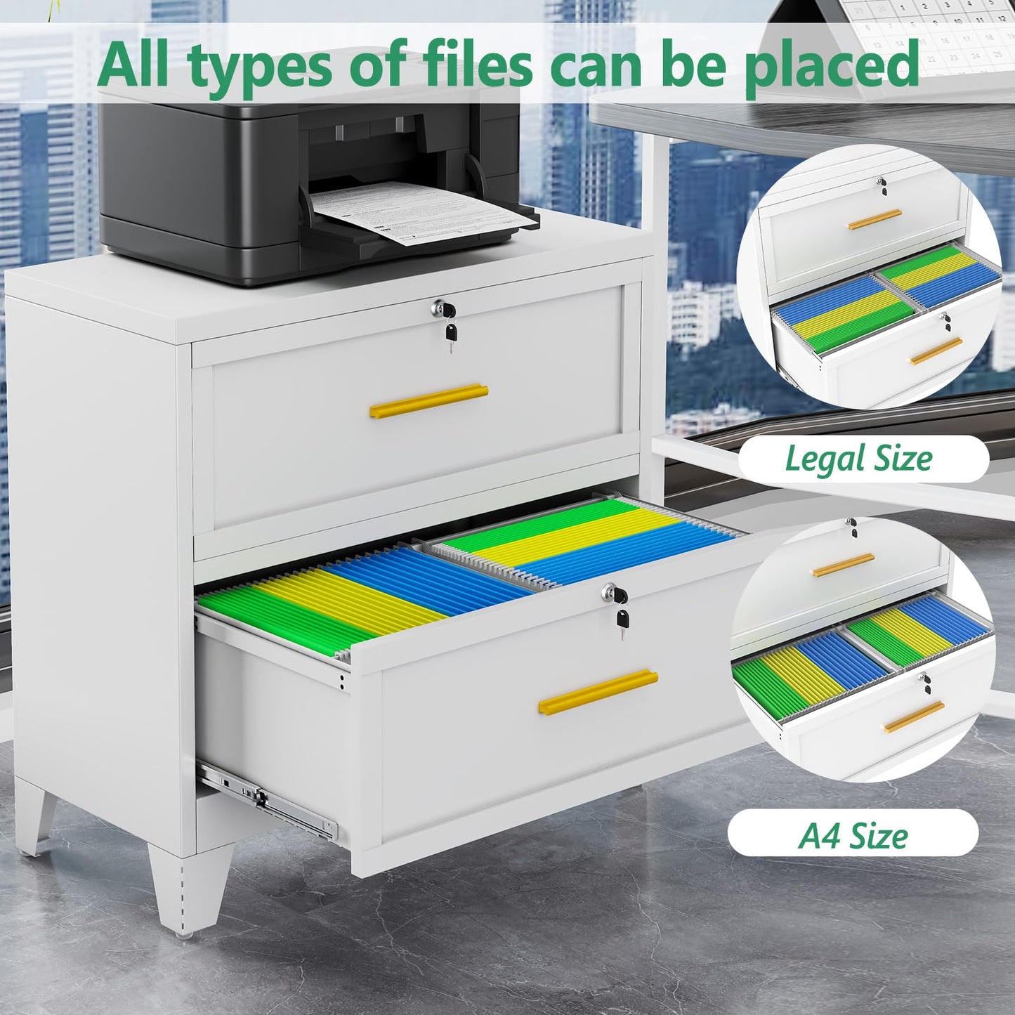 Metal Lateral File Cabinet with Lock,2 Drawer Steel Wide Filing Organization Storage Cabinets,Filing Cabinet for Legal/Letter/A4/F4 Size with Hanging Files&Key,Lockable Cabinet for Home Office,White