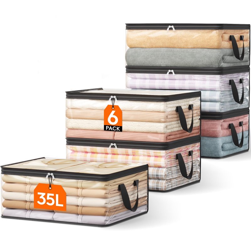 Lifewit 6 Pack Clear Clothes Storage Bags, 60L Plastic Blanket Vinyl Foldable Moving Bags with Zipper, Closet Organizers and Storage Containers for Bedding, Duvet, Pillow