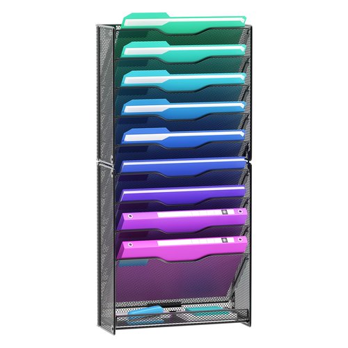 VEESUN 10 Tier Hanging Wall File Organizer, Wall File Holder Organizer Mounted Letter Mail Magazine File Rack With Flat Tray For Office Home School, Black