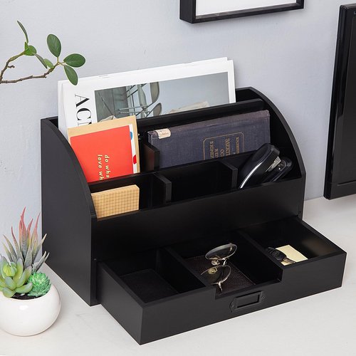 canwedance Distressed Rustic Wooden Office Desk Organizer 5 Compartment with 2 Drawer &Counter Desk Tabletop Desktop Mail Rack, Pens, Notebooks, Folders, Pencils and Office Supplie(black)