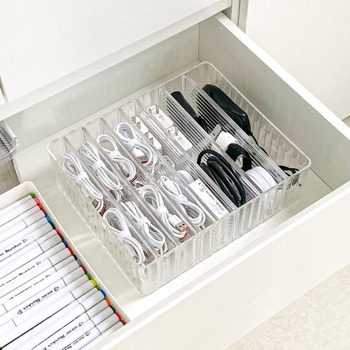 Yesesion Clear Cord Storage Box with Wire Ties, Plastic Cable Organizer for Drawer, Large Desk Accessories Case Container for Phone Charger, Battery, Art Crafts, Home Office Supplies, 2 Pack