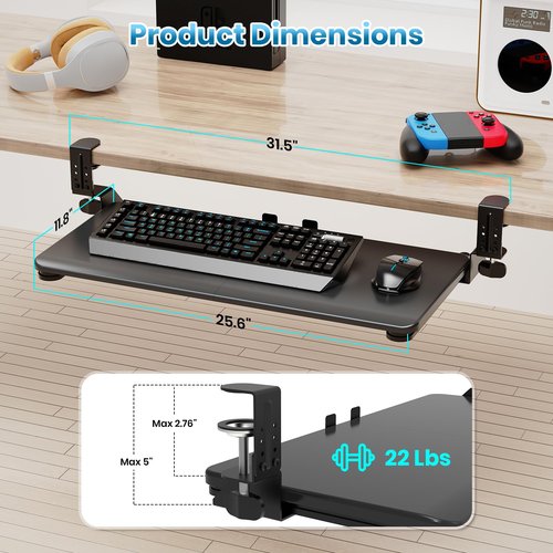 Zontera Large Keyboard Tray That Slides Out from Under The Desk, Pull Out with Adjustable C-clamp, 25.6 (31.5 Including Clamps) x 11.8 Inch Computer Keyboard Drawer Mouse Tray for Typing, Black