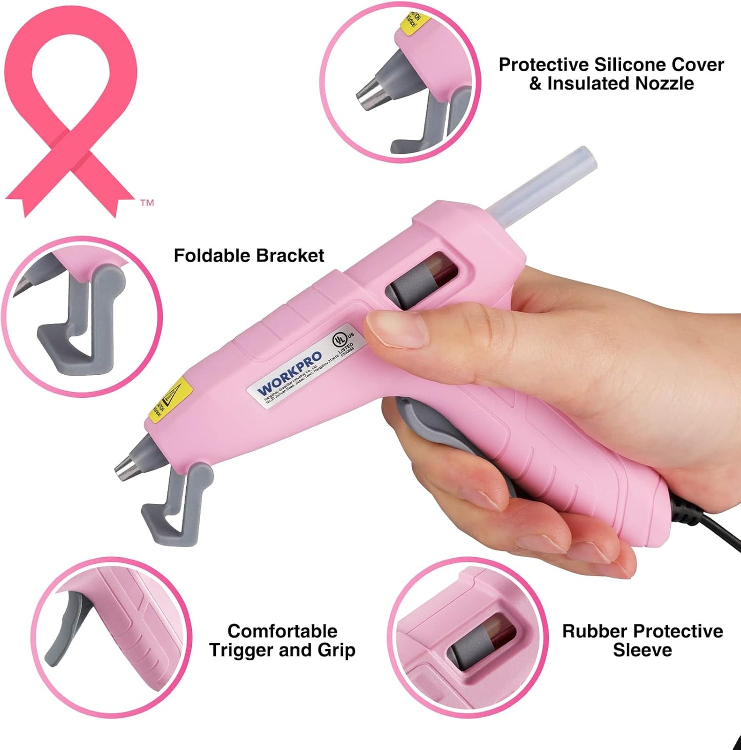 WORKPRO Mini Hot Glue Gun Kit - 20 Pcs Glue Sticks for Arts, Crafts, DIY Projects | Pink Ribbon