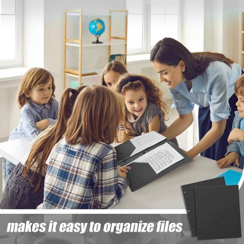 Yeaqee 100 Pcs Plastic Folders with Pockets Bulk 3 Hole Punched 2 Pocket File Folders for 3 Ring Binder Divider Folder for Notebooks, Durable Poly for Office Home (Black)