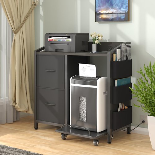 WODRAWER Printer Stand with Storage, Lateral Office Filing Cabinets with Power outlets & USB Charging Port, File Cabinet with Large Printer Stands for Home Office, Shredder Stand Rack w/Wheels, Black