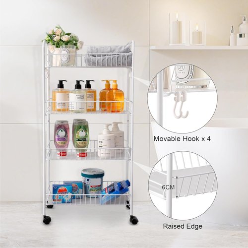 PLKOW 4-Tier Metal Rolling Utility Cart - Multi-Functional Lightweight Organizer with Wheels | White
