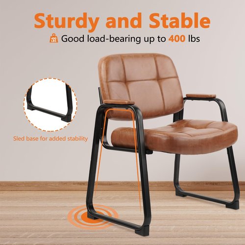 CLATINA Big and Tall 400 lbs Office Guest Chair with Sled Base, Leather Waiting Room Reception Chair No Wheels with Padded Arms for Elderly Home Meeting Conference Room Lobby Side Salon, Brown 2 PK