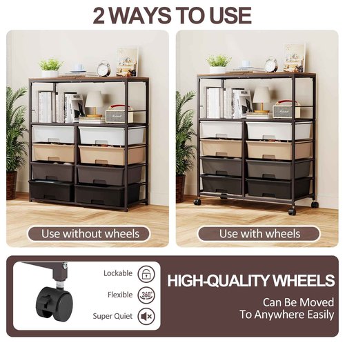 SYKIARIOL 8 Drawers Rolling Storage Cart with Wooden Top, Multipurpose Utility Cart with Opening Shelf & Lockable Wheels, Storage Drawer Cart Organizer for Home Office Craft Room Classroom, Brown