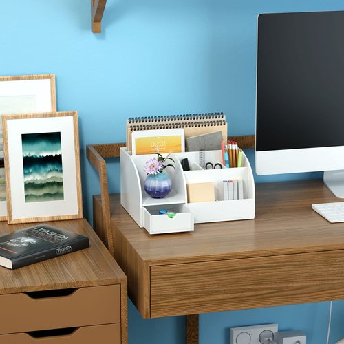 FEMELI Office Desk Organizer and Accessaries,Acrylic Desk Organizer with 8 Compartments +1 Drawer(White)