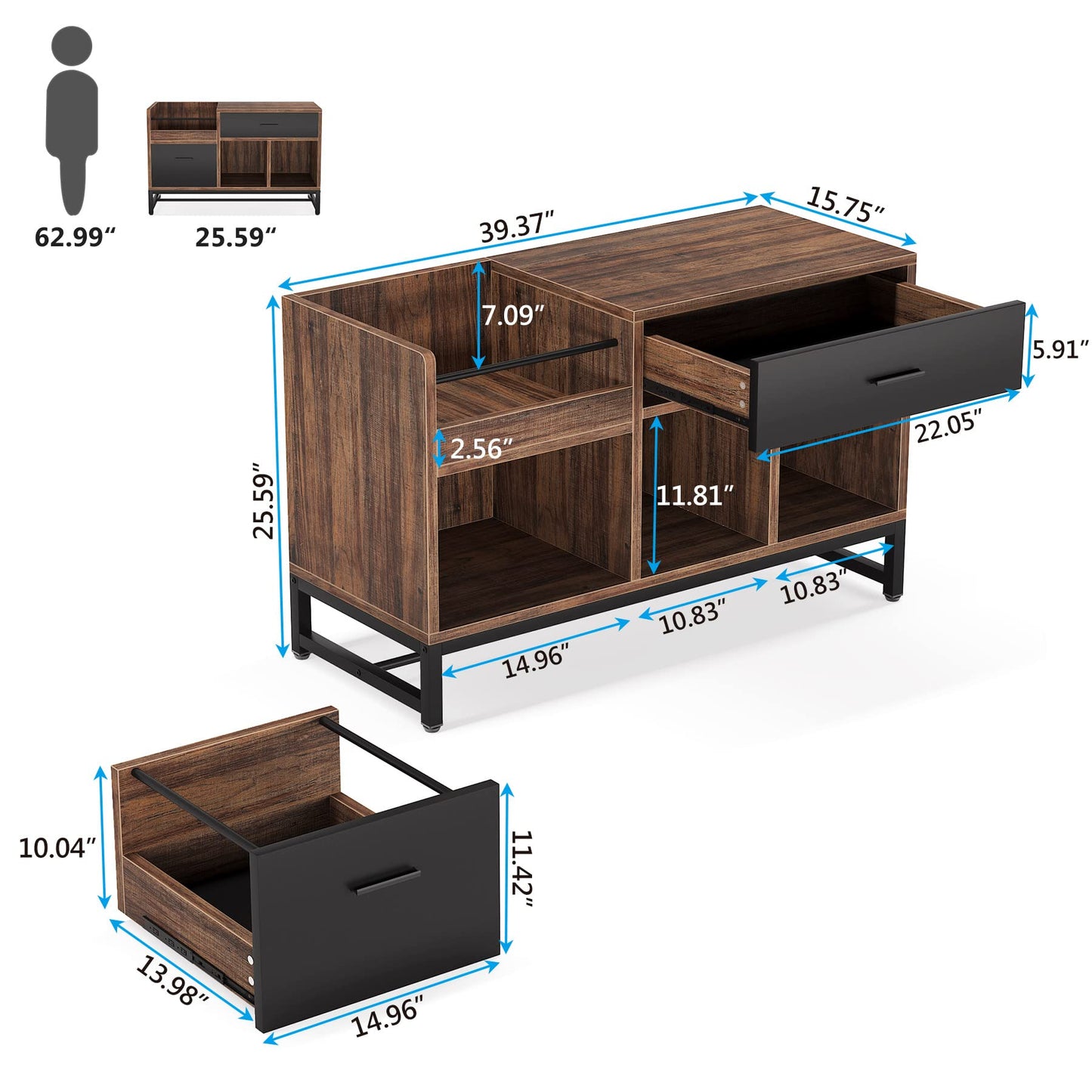 LITTLE TREE 39-Inch File Cabinet with 2 Drawers, Small Lateral Filing Cabinet Under Desk Storage, Wood Printer Stand with Open Storage Shelves for Home Office Organization