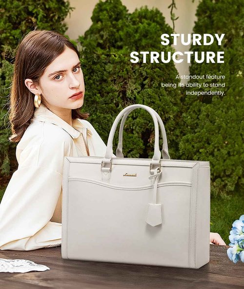 LOVEVOOK Laptop Tote Bag for Women, Leather Office Work Bag Briefcase fit for 15.6 inch Laptop, Large Teacher Computer Bag Handbag,2pcs Set Leather/Beige