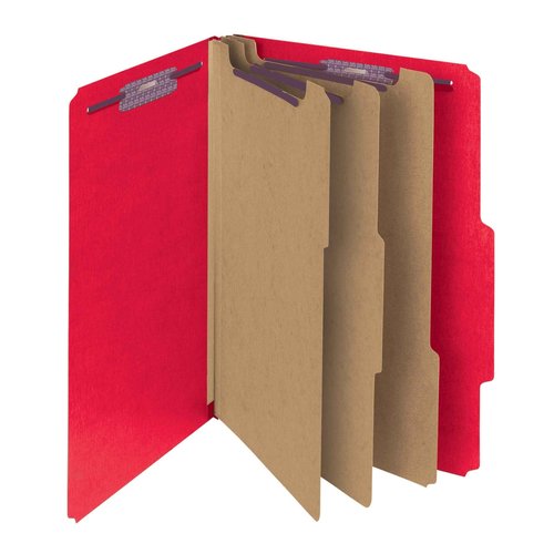Smead Pressboard Classification File Folder with SafeSHIELD® Fasteners, 3 Dividers, 3" Expansion, Letter Size, Bright Red, 10 per Box (14095) (Pack of 1)