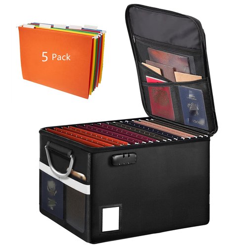 Fireproof Document Box With 5 Pack Hanging File Folders(Letter Size), File Cabinet Organizer Box Storage Filing Cabinet Box with Lock, Portable Important Document Organizer With Handle(5 Folders)