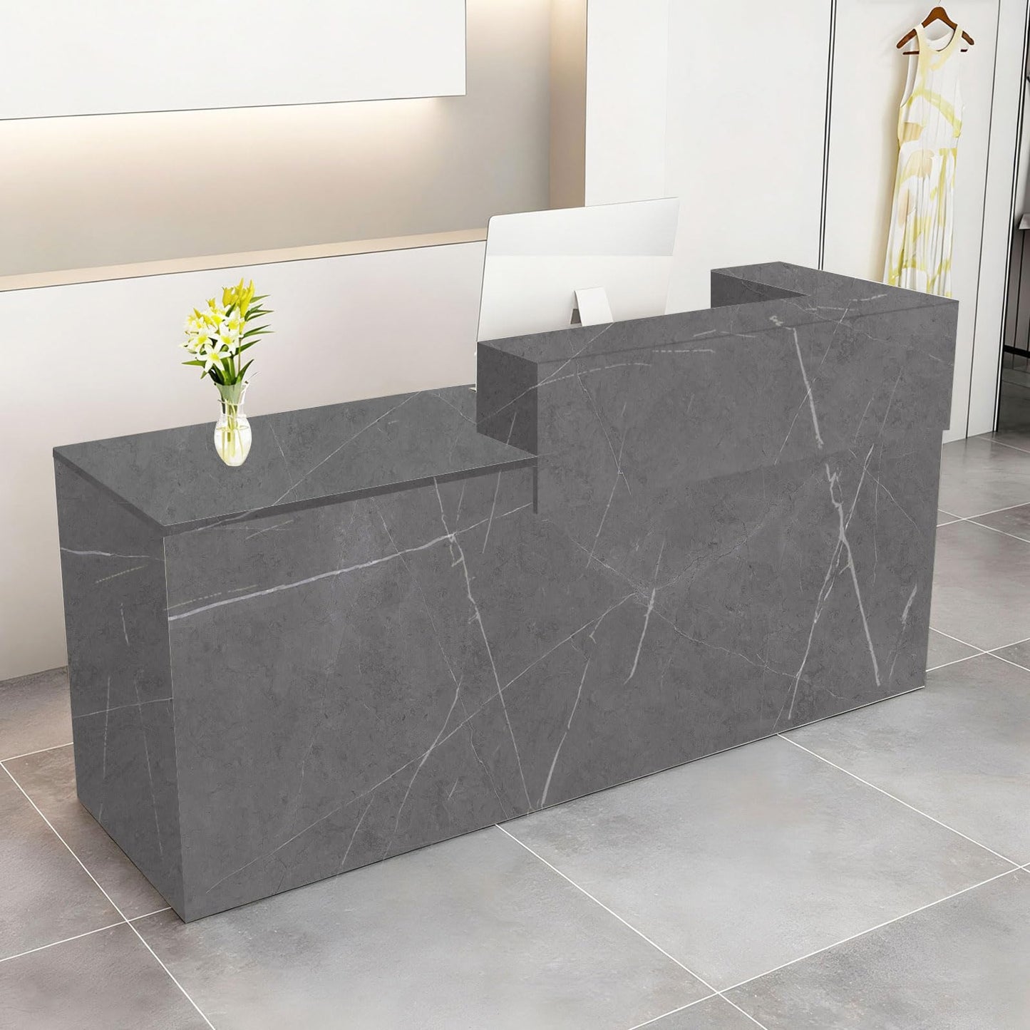Modern Reception Desk with Drawer & Open Shelves, 39-95 Inch Front Counter Table, Computer Workstation Suitable for Salons, Offices, Lobbies, Retail Stores and Home Offices