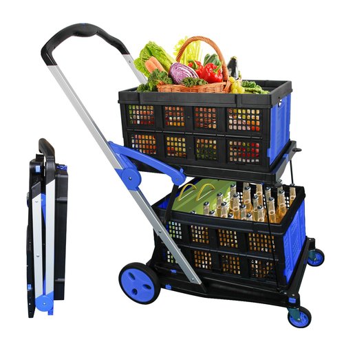 APOXCON Collapsible Shopping Cart with 2 Storage Crates 2-Tier Portable Utility Cart with Swivel Wheels 200lb Capacity Heavy Duty Folding Shopping Trolley for Office Warehouse Catering (Blue)