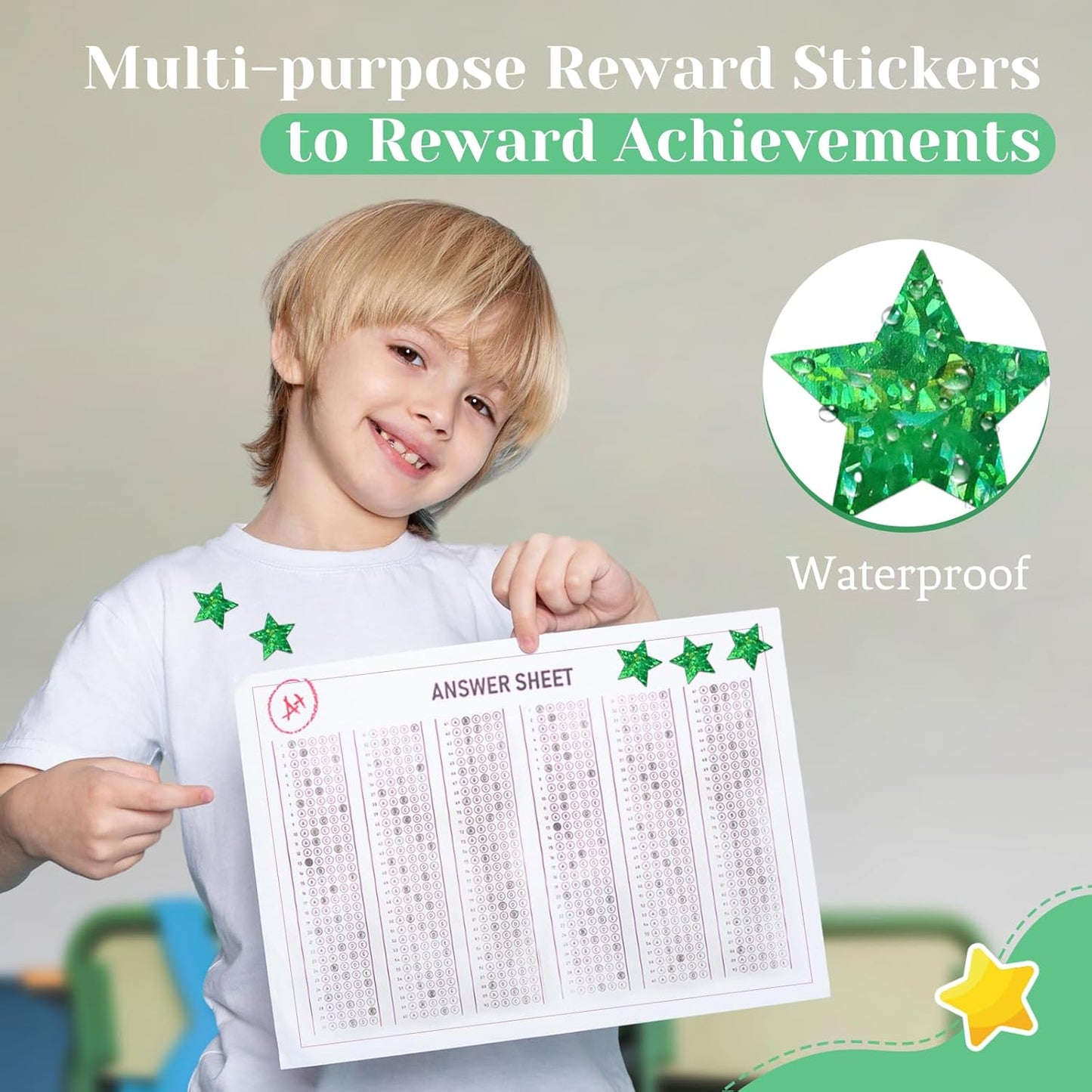 Skiennix Holographic Green Star Stickers - 500 PCS Self-Adhesive Glitter Foil for Kids' Reward Charts