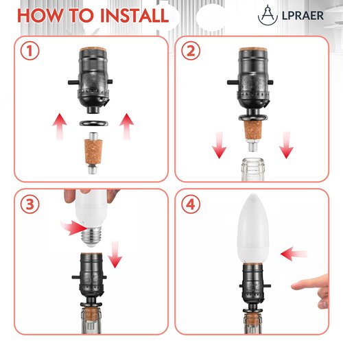 2 Set DIY Wine Bottle Lamp Kit with E26 LED Light Bulbs for Liquor Bottle, w/Glass Drill Bit and Lid, Black Cord w/Lamp Socket, 3 Size Tapper Cork (W/ 2 Flame Effect Light Bulbs)