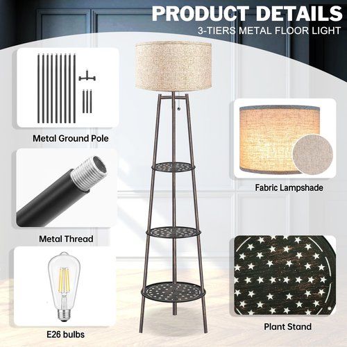 ZQQLITE 2 Pack Bronze Floor Lamp with Shelves for Living Room， Standing Lamp，Tall Lamp， Amparas Elegantes para Sala with Linen Shade，Modern Floor Lamp for Living Room，Bedroom or Office（Bronze ）