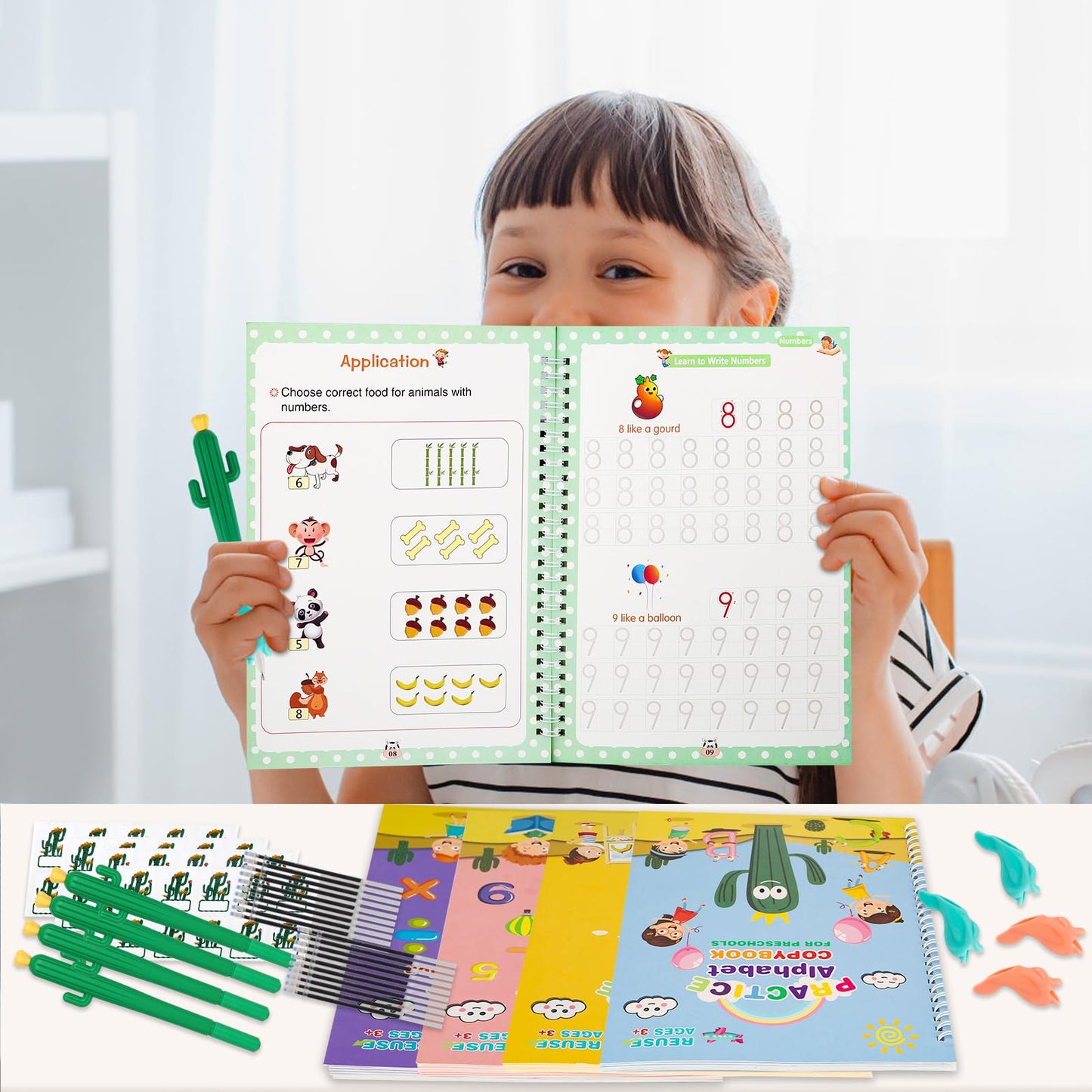Reusable Magic Copybook for Kids, Large Grooved Handwriting Practice with Pens 5 Large copybooks (7.3x10.3in), Magic Ink Fades Automatically for Reuse, Includes Cactus pens & Bag, Great for Ages 3-8