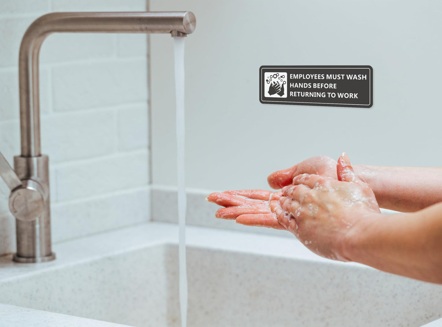 (4 Pack) Employees Must Wash Hands Sign, Self-Adhesive Metal Signage for Bathroom Office, Waterproof Aluminum Signs for Indoor Outdoor (9x3, Black)