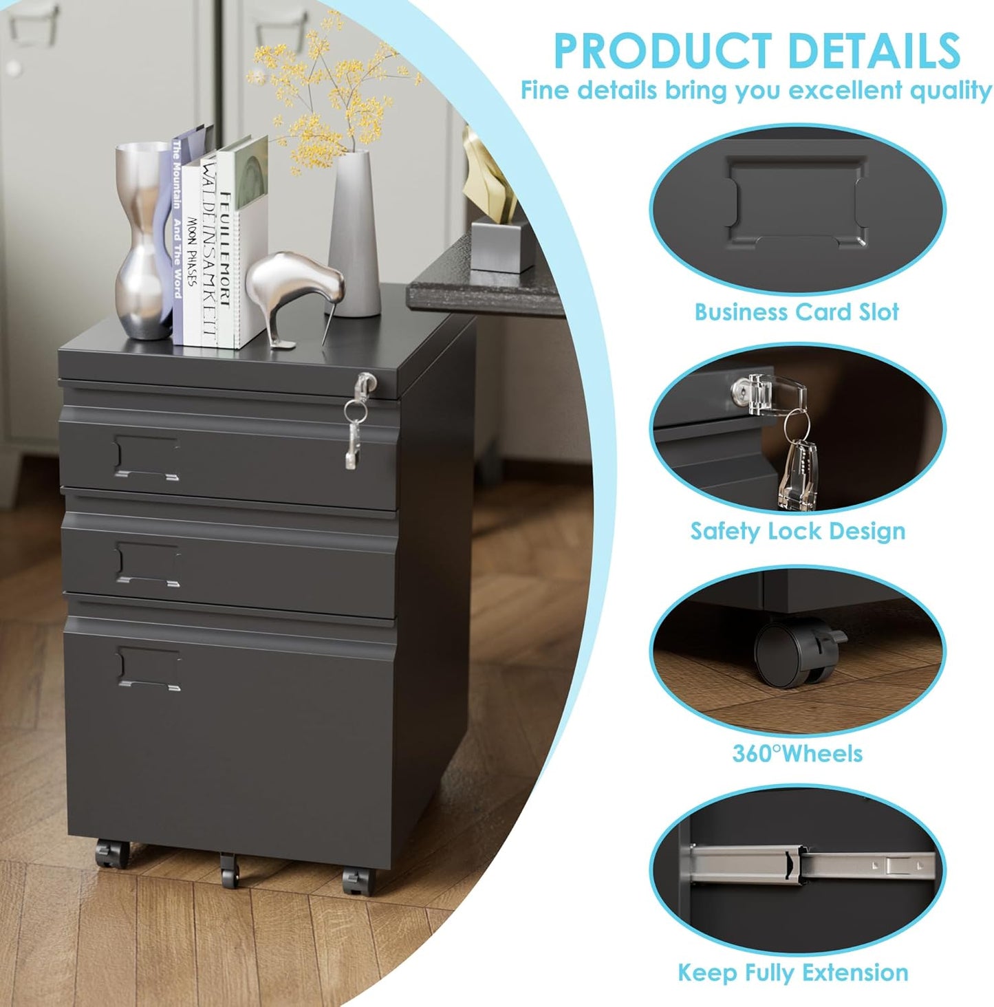 SUXXAN Mobile File Cabinet - Heavy Duty Steel 3 Drawer Filing Solution with Lock | Fits Letter/Legal/A4 Size