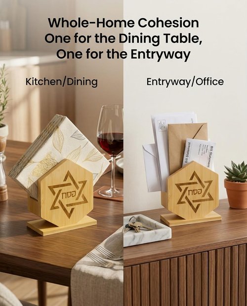 Skiennix 2-Pack Bamboo Hexagonal Judaica Decor - Stylish Star of David Napkin Holders | Modern Jewish Home Organization