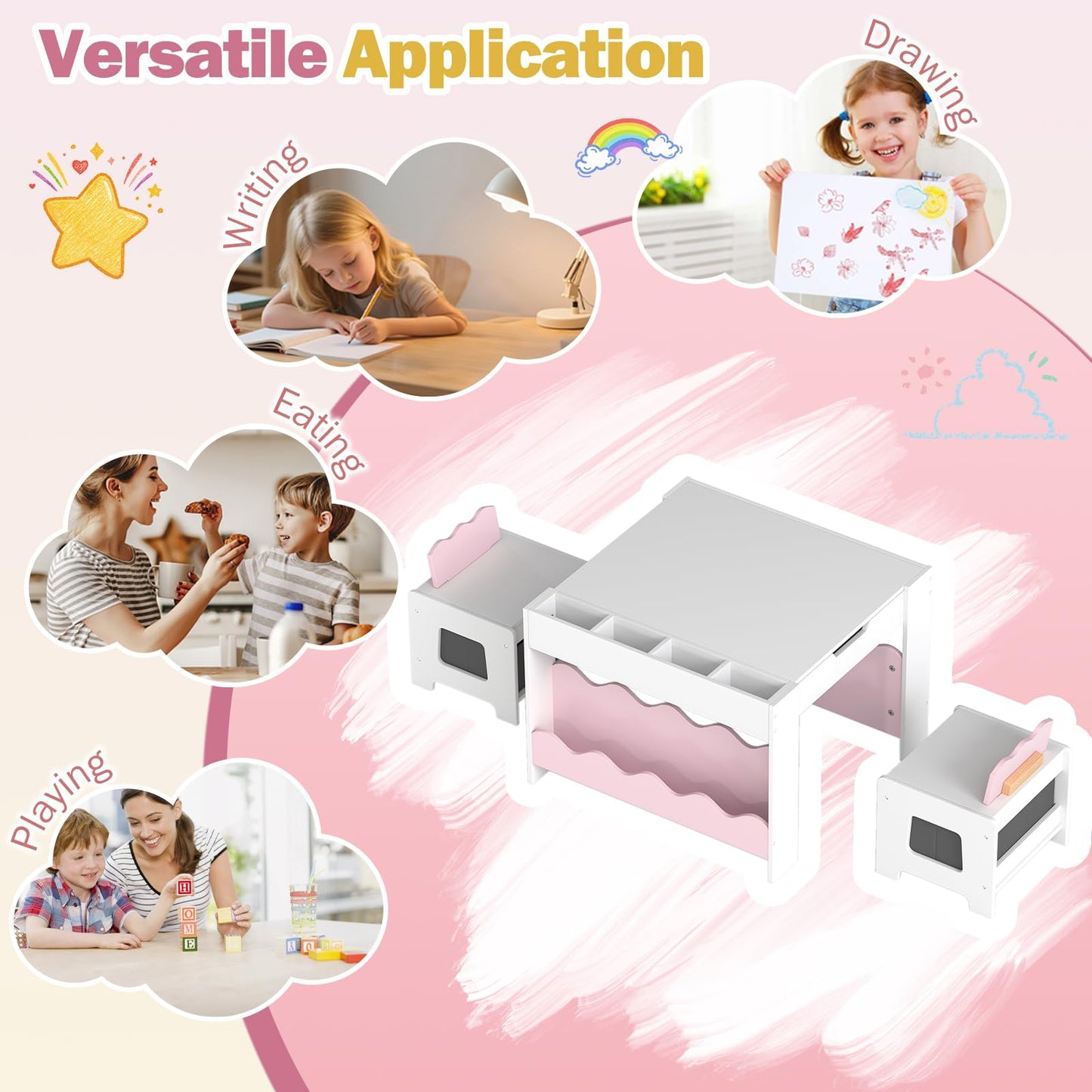 Costzon Kids Table and Chairs, Wooden 4-in-1 Activity Desk Set w/Double-Sided Tabletop, Chalkboard, Bookshelves, Small Compartments & Fabric Drawers, Children Furniture Set for Art & Crafts (Pink)