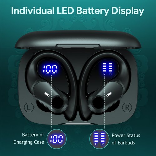 GOLREX Active Noise Cancelling Ear Buds Bluetooth Headphones Wireless Earbuds with 80H Wireless Charging Case & LED Display, Over-Ear Hooks Earphones Bass Earbud for Sports Running Gym Workout Black