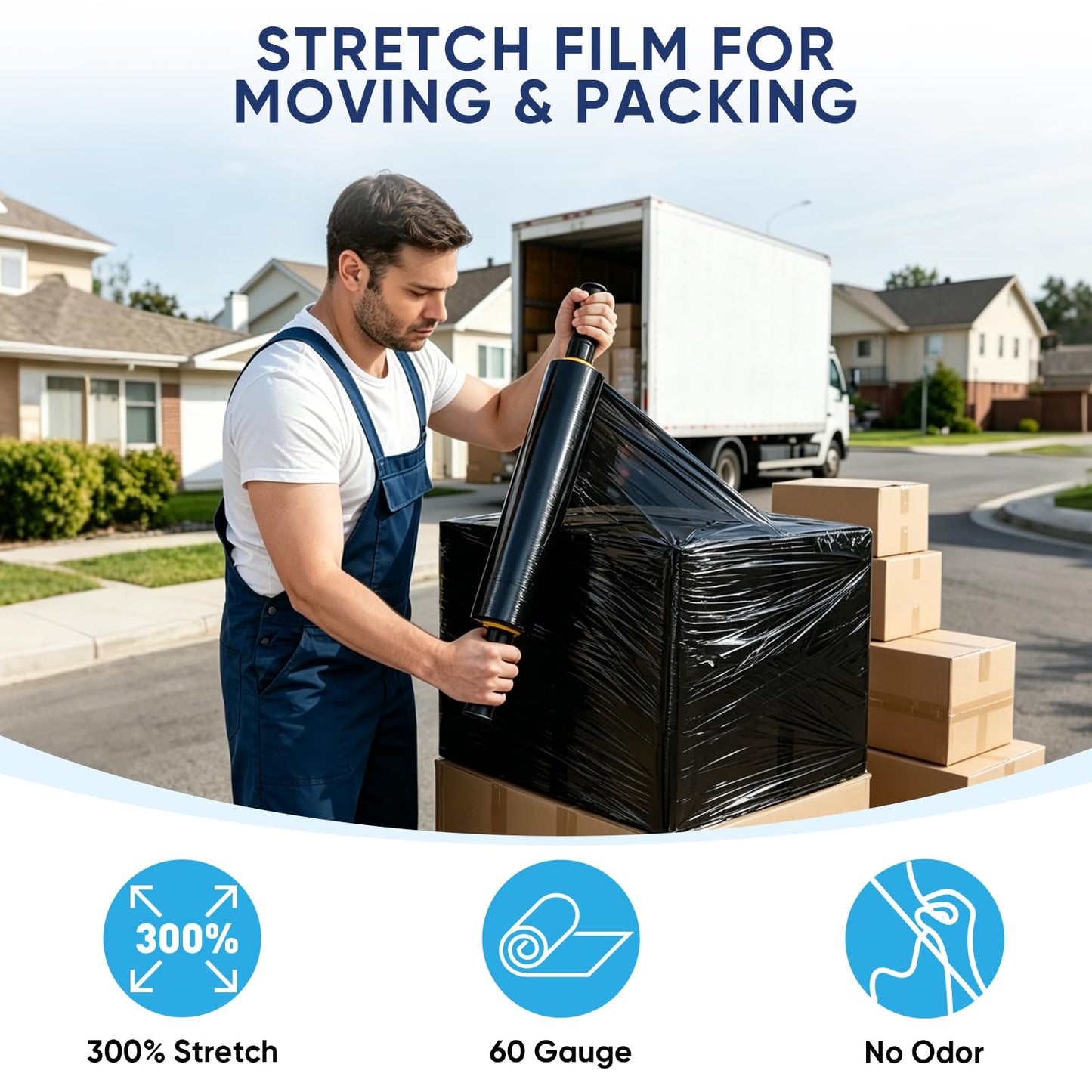 TICONN 1Pk Stretch Wrap Stretch Film Roll, 1000ft Industrial Strength 15 inch Wide Black Plastic Wrap with Handles for Pallet Wrapping Shipping Moving