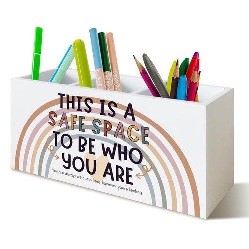 YTRGI Boho Rainbow Safe Space Mental Health Pen Pencil Holder for School Counselor Office Classroom Desk, Inspirational Pen Pencil Holder Organizer for Therapy Kids Room, Inspirational Office Decor