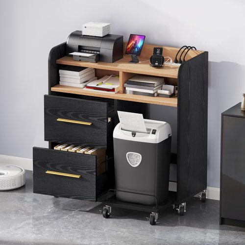 DWVO Printer Stand with Storage, File Cabinet with Charging Station, Printer Table Cabinet for Home Office, Printer Stand Cart, Fits A4, Letter, Legal Size Files, Office Furniture, Black
