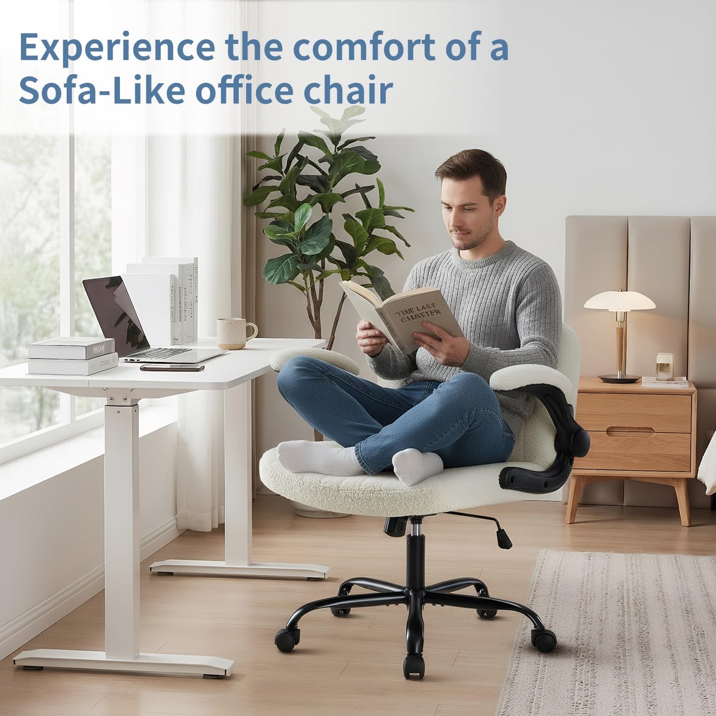 DUMOS Criss Cross Home Office Chair with Wheels, Wide Cross Legged Desk Vanity Chair Comfy Fabric Flip-Up Armrests Adjustable Swivel Chairs for Home Computer Bedroom, Beige