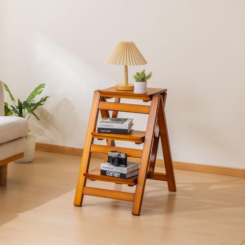 SOBIBO Wooden Step Stool, Foldable 3 Step Ladder, Solid Wood Ladder Stool for for Home, Kitchen & Garden Walnut
