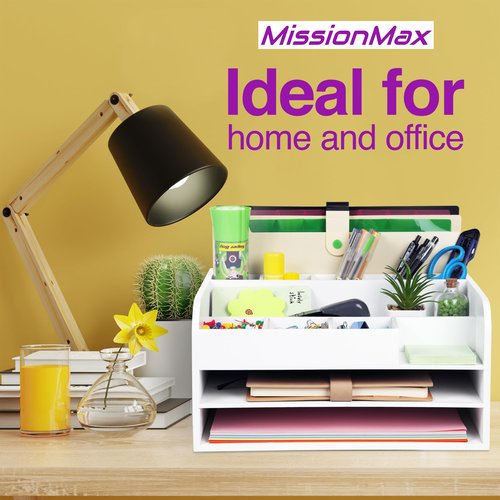 MissionMax White Bamboo Wood Desk Organizer, Max Storage with Two File Trays, Vertical File, Pens, Pads and Other Bins to Hold Your Work Necessities