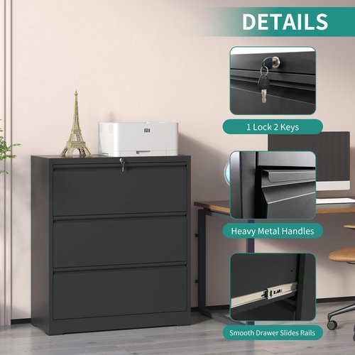 BIZOEIRON 3 Drawer Lateral File Cabinet with Lock, Metal Filing Cabinets for Home Office, Steel Storage Wide File Cabinet for Letter/Legal/F4/A4 Size with Hanging Bars, Assembly Required (Black)