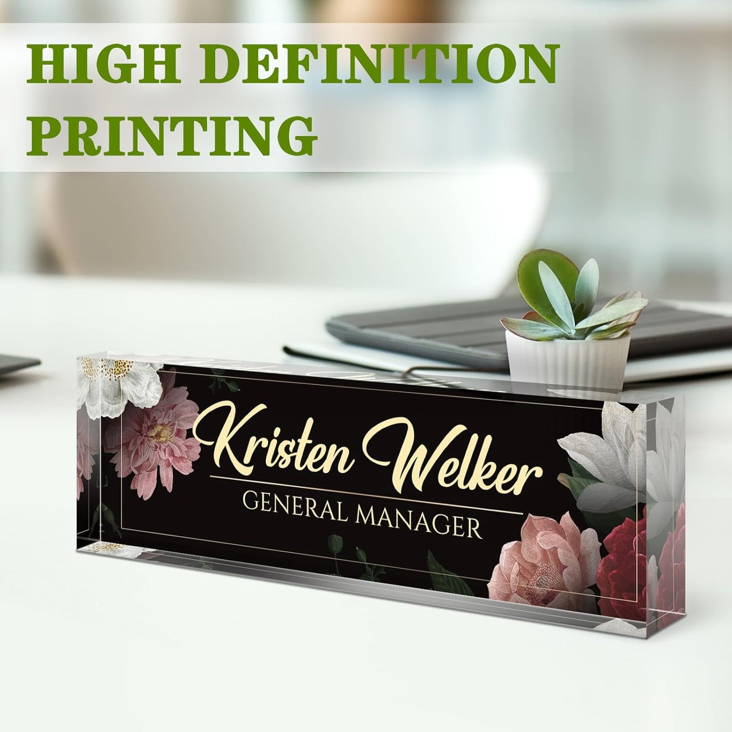 Skiennix Personalized Desk Name Plate - Elegant Acrylic Office Decor for Professionals | Black Floral Design
